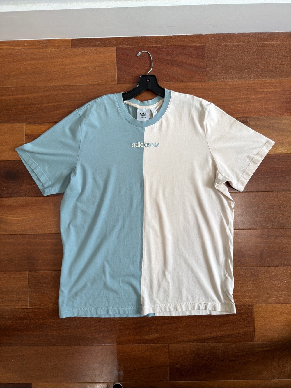 adidas Split-Panel Short Sleeve Tee in Light Blue and Cream